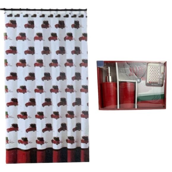 Christmas Bath Set Farm Trucks Christmas Fabric Shower Curtain Accessories 15 Pc - Picture 9 of 9